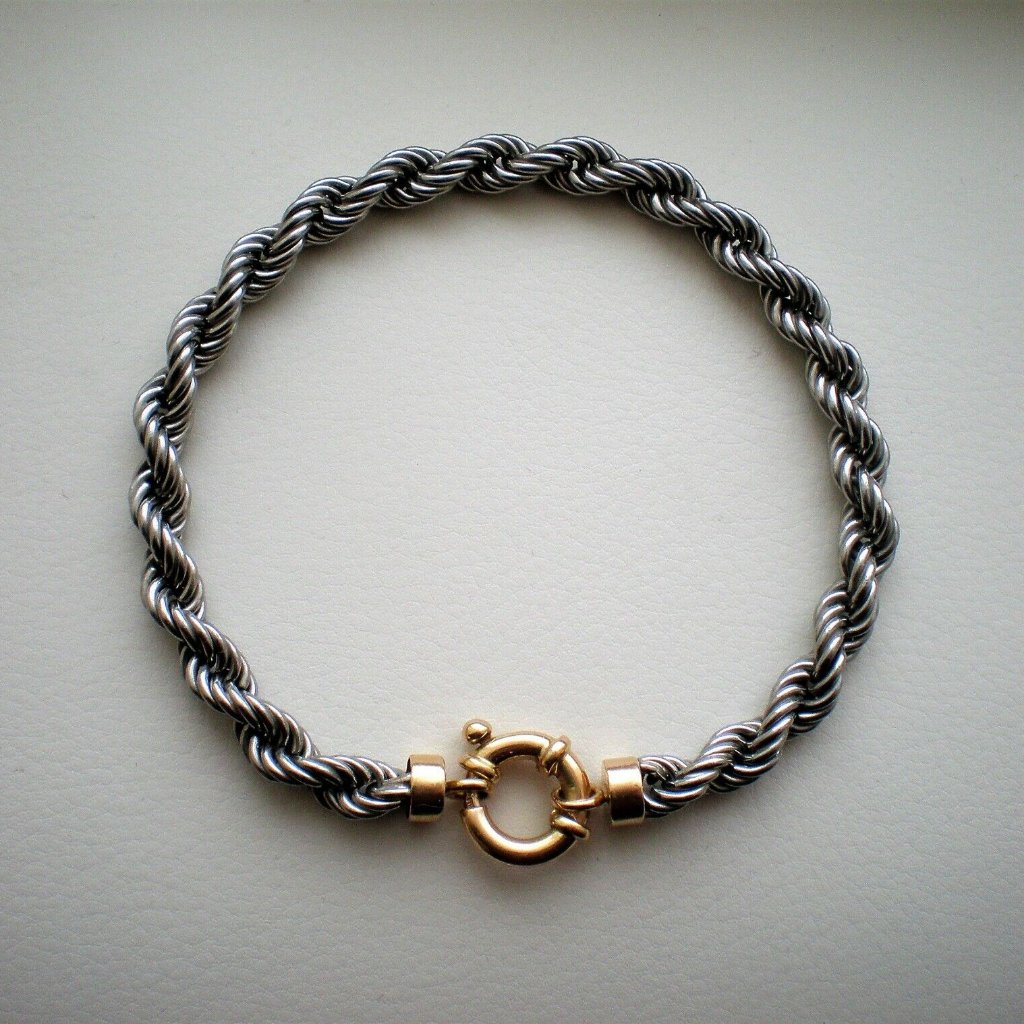 Designer Milor Two Tone Solid 14k White Yellow Gold Twisted Rope Chain Bracelet